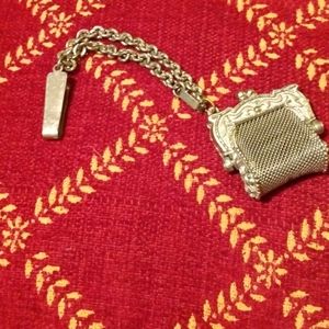 Tiny gold metal mesh purse chatelaine locket purse
